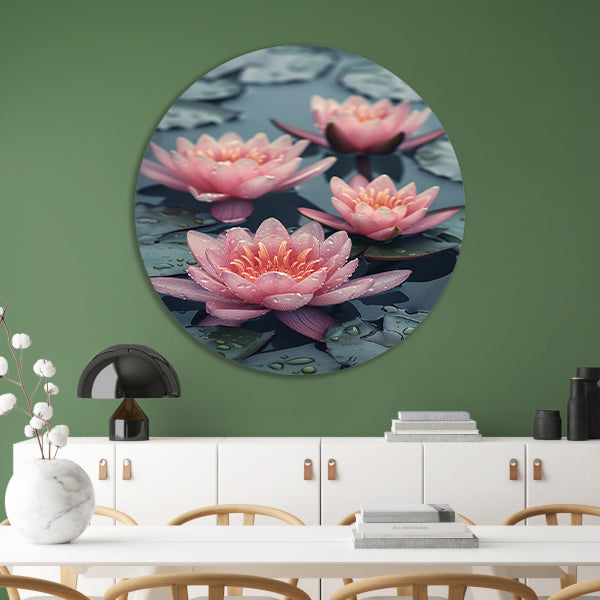 Roze waterlelies drijven op kalm water aluminium muurcirkel