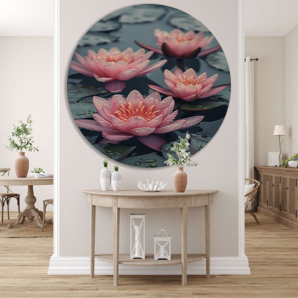 Roze waterlelies drijven op kalm water aluminium muurcirkel