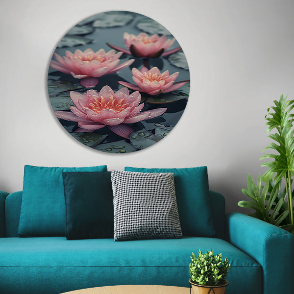 Roze waterlelies drijven op kalm water aluminium muurcirkel