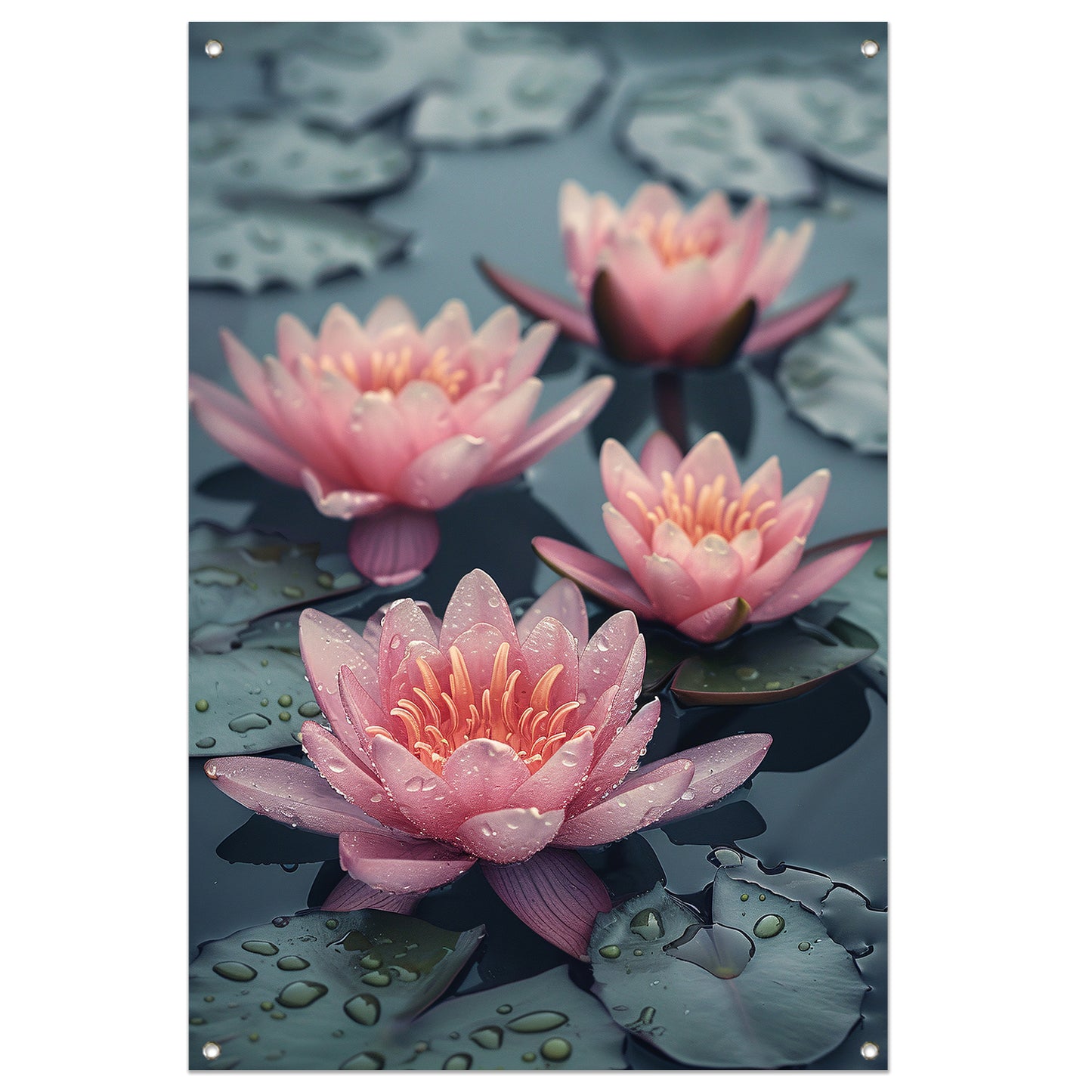 Roze waterlelies drijven op kalm water tuinposter