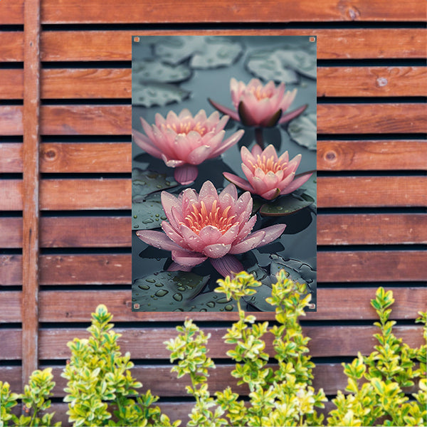 Roze waterlelies drijven op kalm water tuinposter