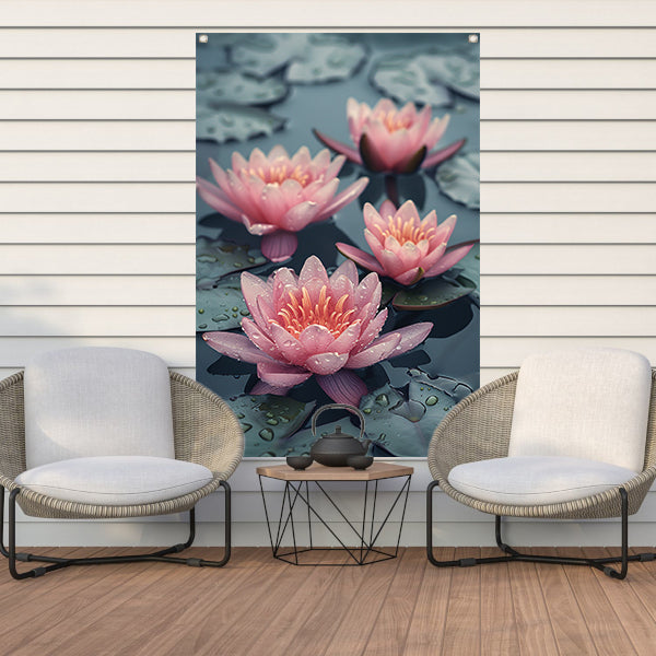 Roze waterlelies drijven op kalm water tuinposter