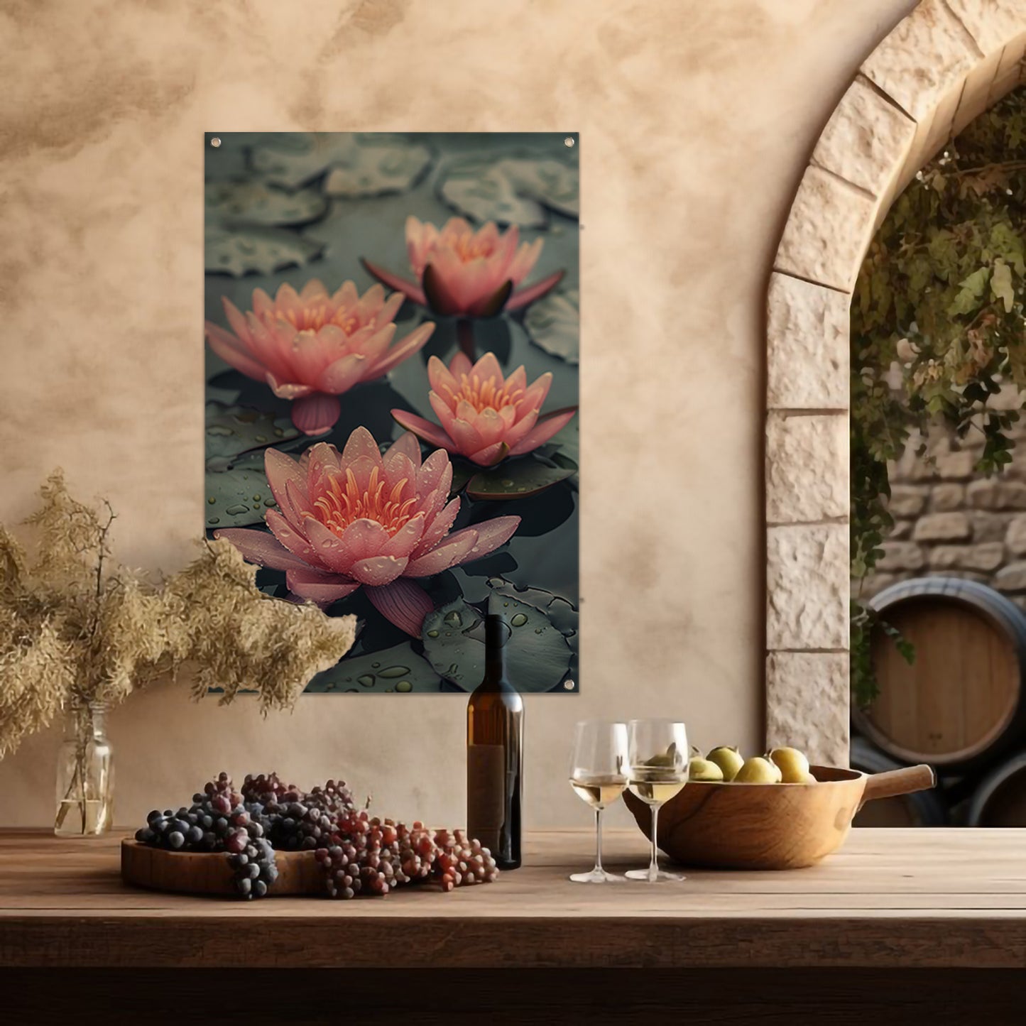 Roze waterlelies drijven op kalm water tuinposter