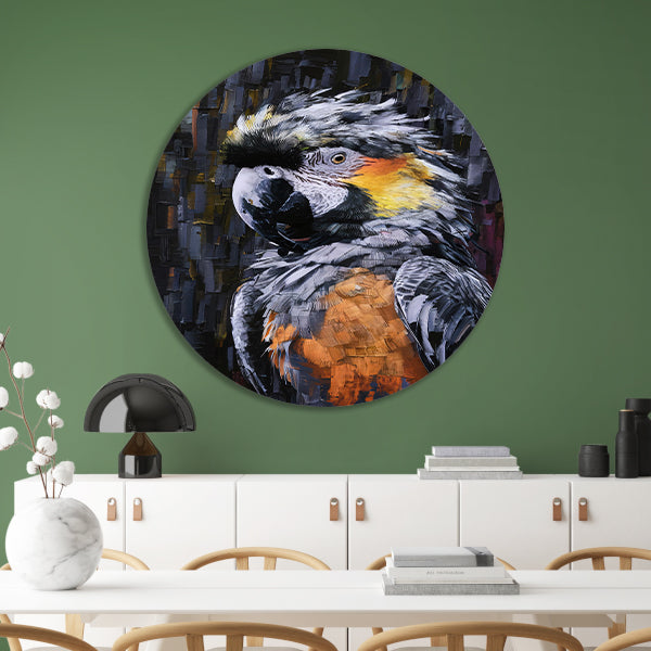 Abstracte expressie van een kleurrijke papegaai aluminium muurcirkel