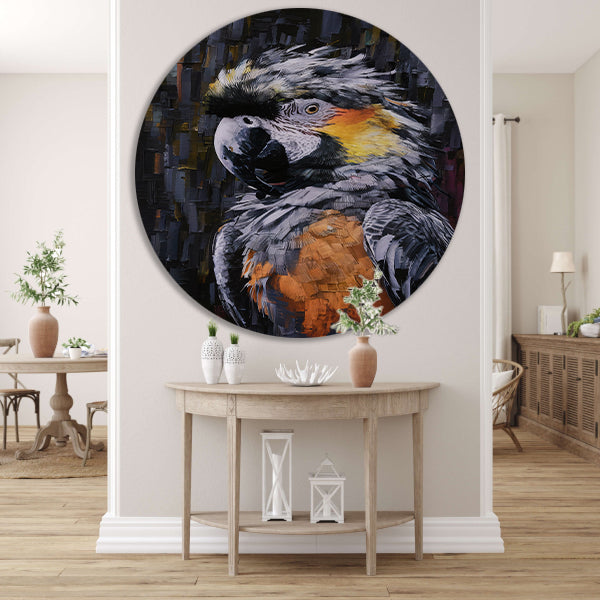 Abstracte expressie van een kleurrijke papegaai aluminium muurcirkel