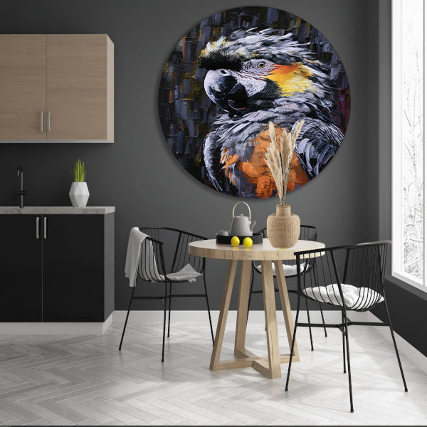 Abstracte expressie van een kleurrijke papegaai aluminium muurcirkel