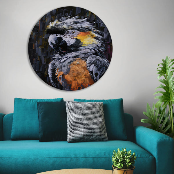 Abstracte expressie van een kleurrijke papegaai aluminium muurcirkel