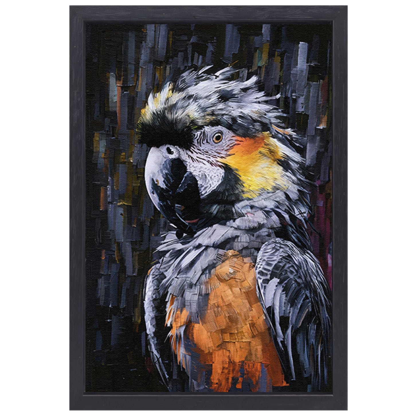 Abstracte expressie van een kleurrijke papegaai canvas met baklijst