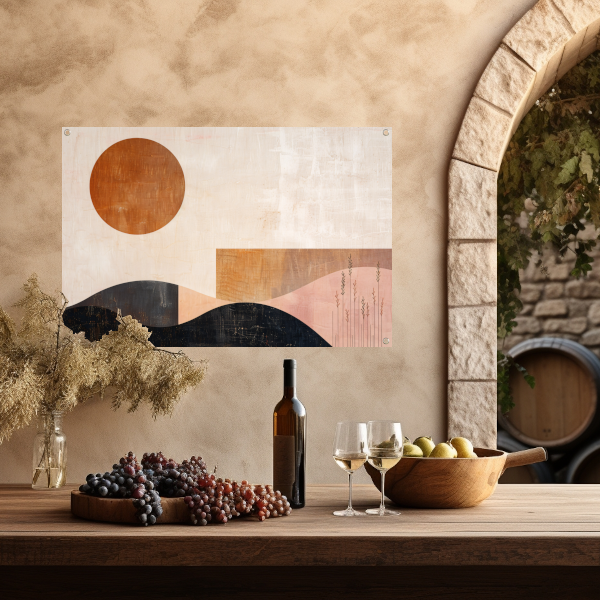 Stille landschap met bruine zon en planten tuinposter