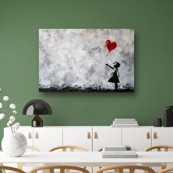 Silhouet van meisje met rode ballon tegen abstracte achtergrond poster