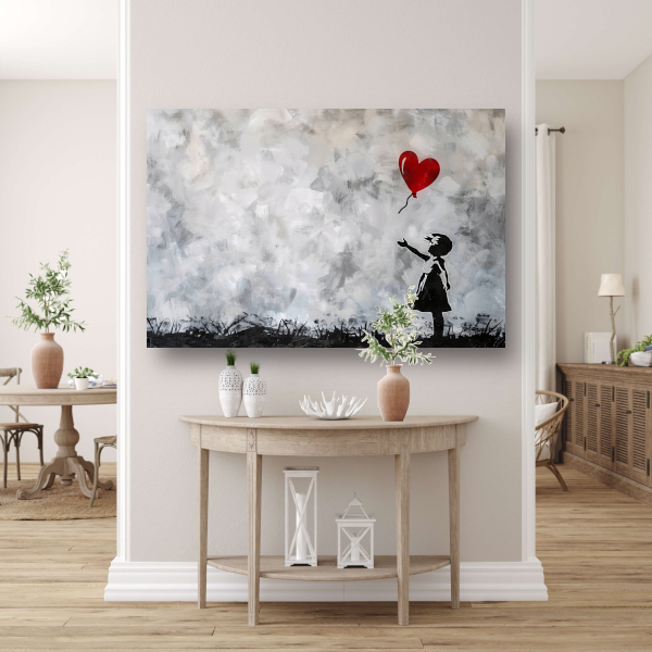 Silhouet van meisje met rode ballon tegen abstracte achtergrond canvas