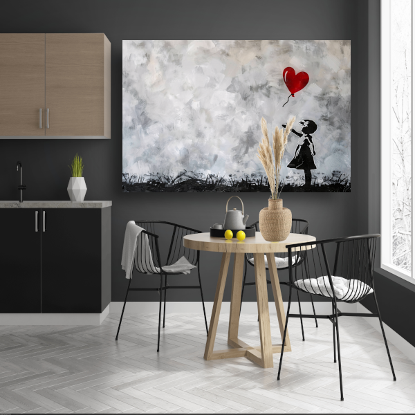Silhouet van meisje met rode ballon tegen abstracte achtergrond canvas