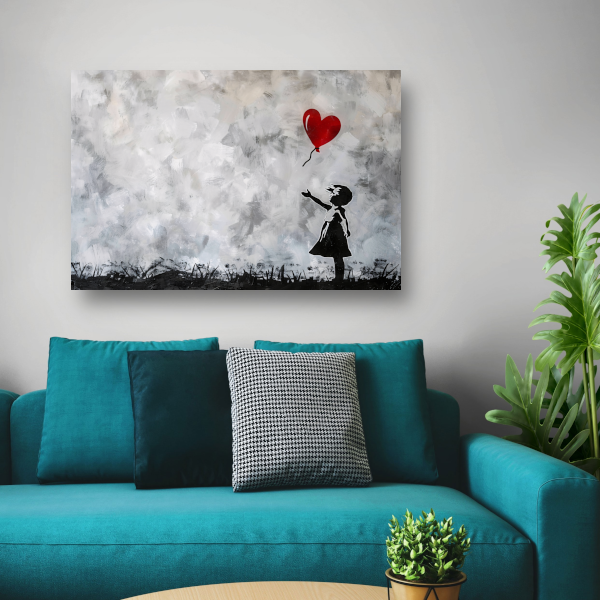 Silhouet van meisje met rode ballon tegen abstracte achtergrond poster