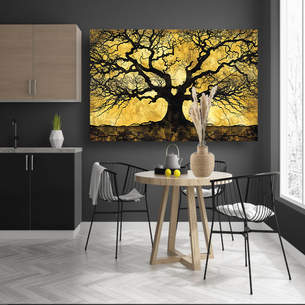 Boom met abstracte takken op goud canvas met baklijst