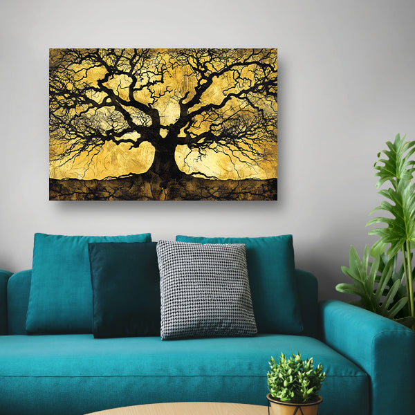Boom met abstracte takken op goud canvas met baklijst