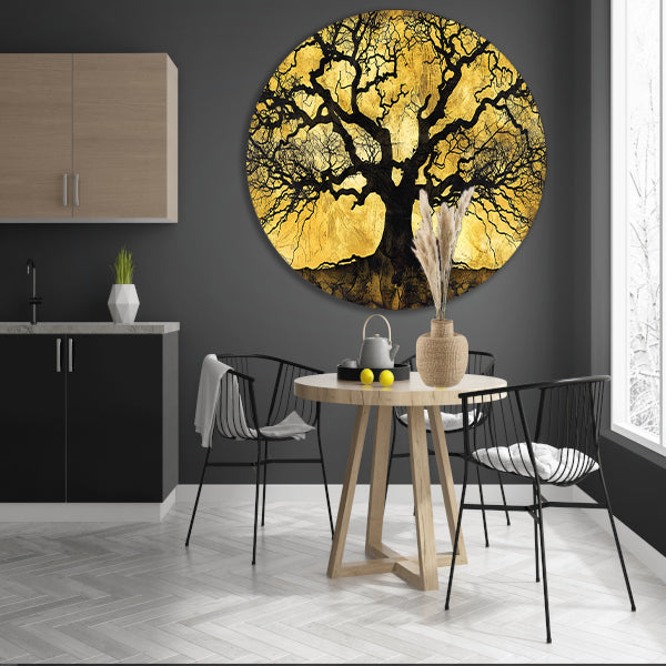 Boom met abstracte takken op goud aluminium muurcirkel