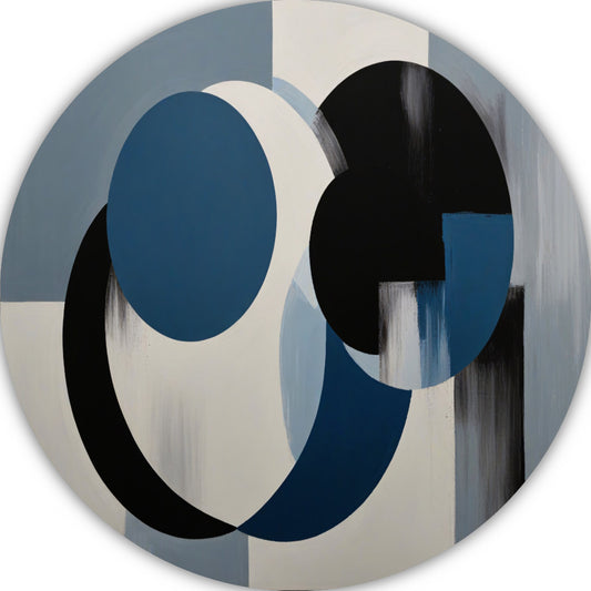 Geometrische abstractie in zwart, wit en blauw aluminium muurcirkel