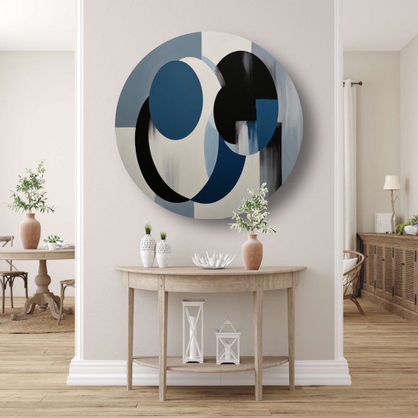 Geometrische abstractie in zwart, wit en blauw aluminium muurcirkel