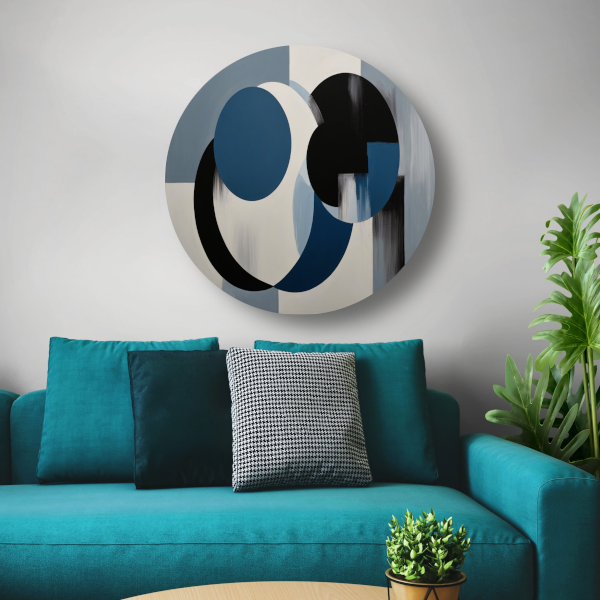 Geometrische abstractie in zwart, wit en blauw aluminium muurcirkel