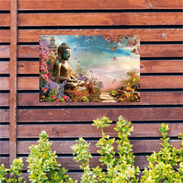 Meditatieve Boeddha in Kleurrijk Bloemenparadijs tuinposter
