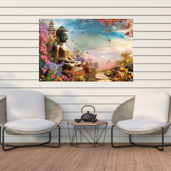 Meditatieve Boeddha in Kleurrijk Bloemenparadijs tuinposter