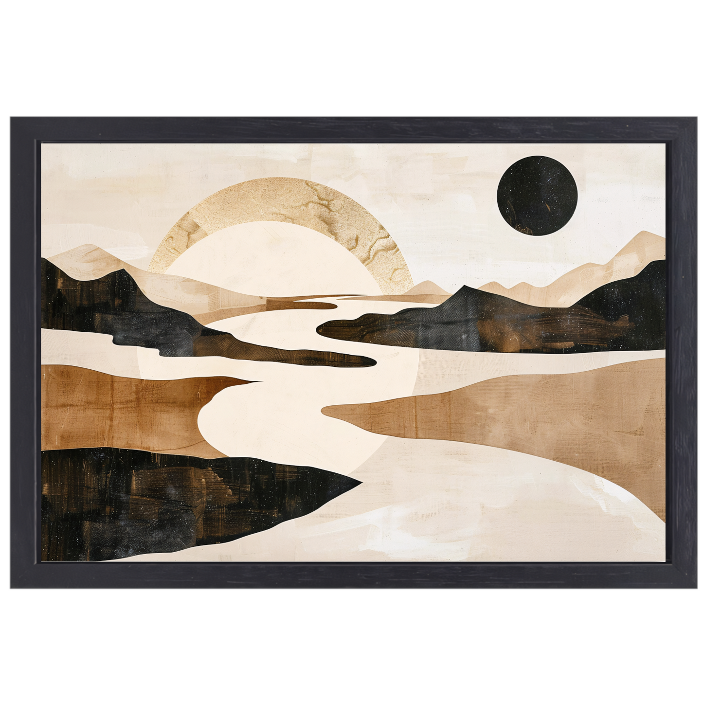 Abstract Rivierlandschap in Neutrale Tinten canvas met baklijst