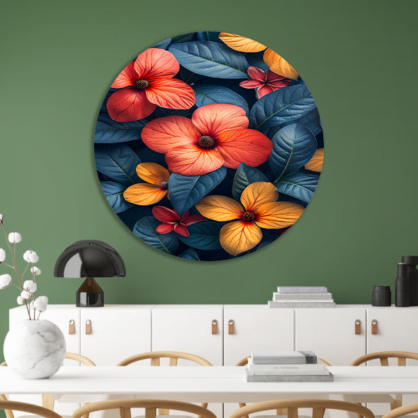 Levendige Bloemenzee in Koele Blauwgroene Jungle aluminium muurcirkel