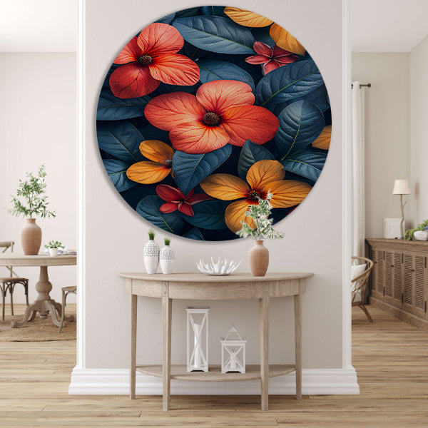Levendige Bloemenzee in Koele Blauwgroene Jungle aluminium muurcirkel