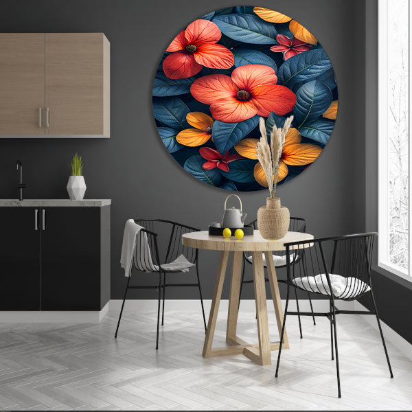 Levendige Bloemenzee in Koele Blauwgroene Jungle aluminium muurcirkel