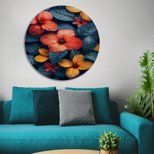 Levendige Bloemenzee in Koele Blauwgroene Jungle aluminium muurcirkel