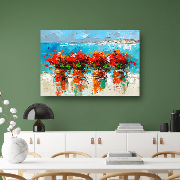 Kleurrijke bloemen met zee op achtergrond poster