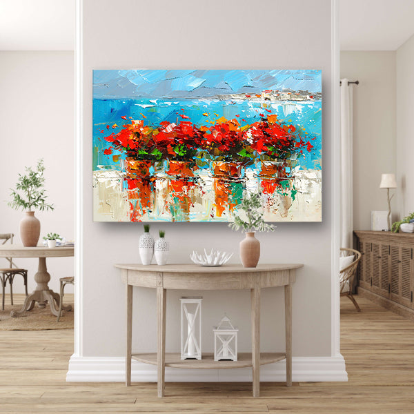 Kleurrijke bloemen met zee op achtergrond poster