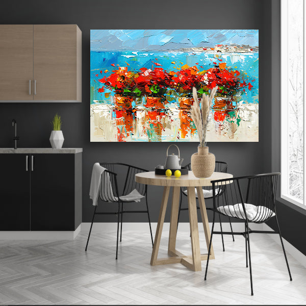 Kleurrijke bloemen met zee op achtergrond poster
