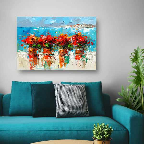 Kleurrijke bloemen met zee op achtergrond poster