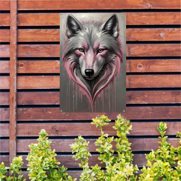 Abstracte Wolf in Druppels van Roze en Grijs tuinposter