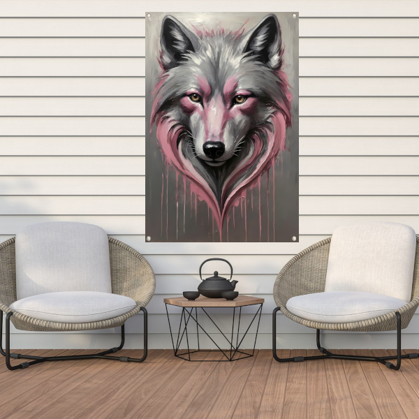 Abstracte Wolf in Druppels van Roze en Grijs tuinposter