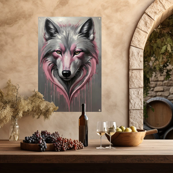 Abstracte Wolf in Druppels van Roze en Grijs tuinposter