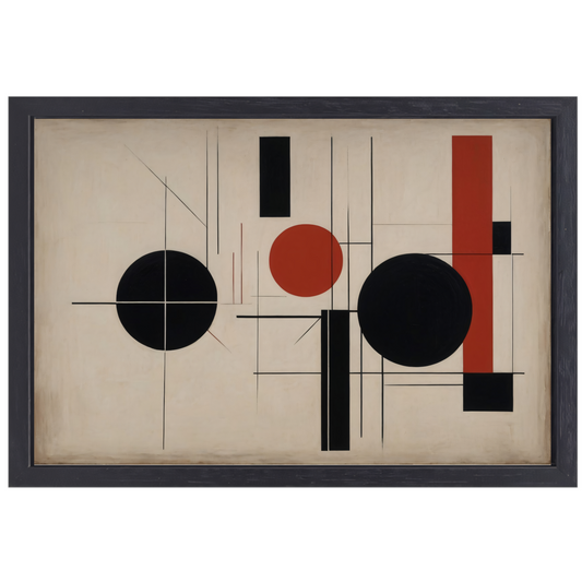 Abstracte Symmetrie in Rood, Zwart en Wit canvas met baklijst