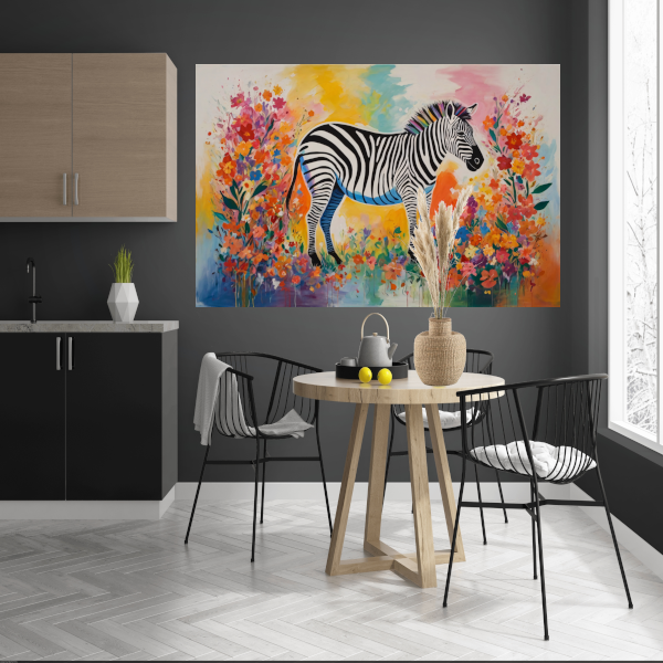 Zebra in Bloeiend Kleurrijk Bloemenparadijs poster