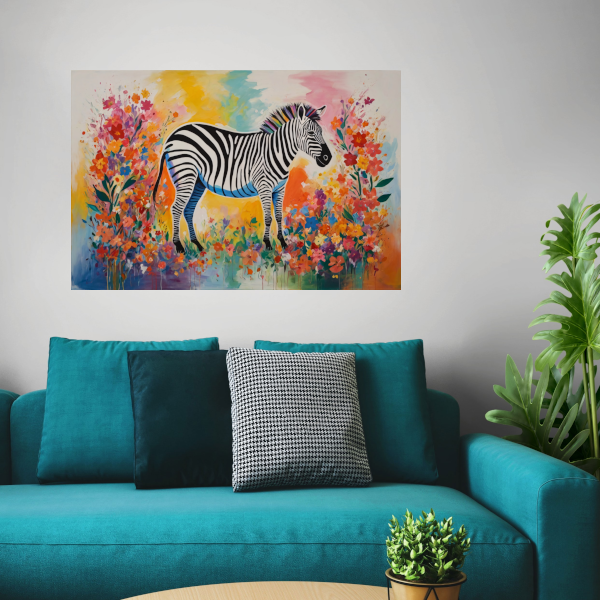Zebra in Bloeiend Kleurrijk Bloemenparadijs poster