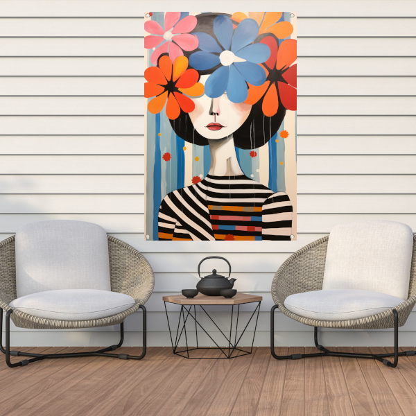Gekleurde Bloemen op Zwart-wit Strepen tuinposter