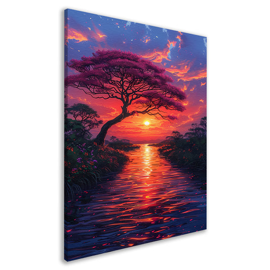 Avondzon kleurt bloesemboom canvas