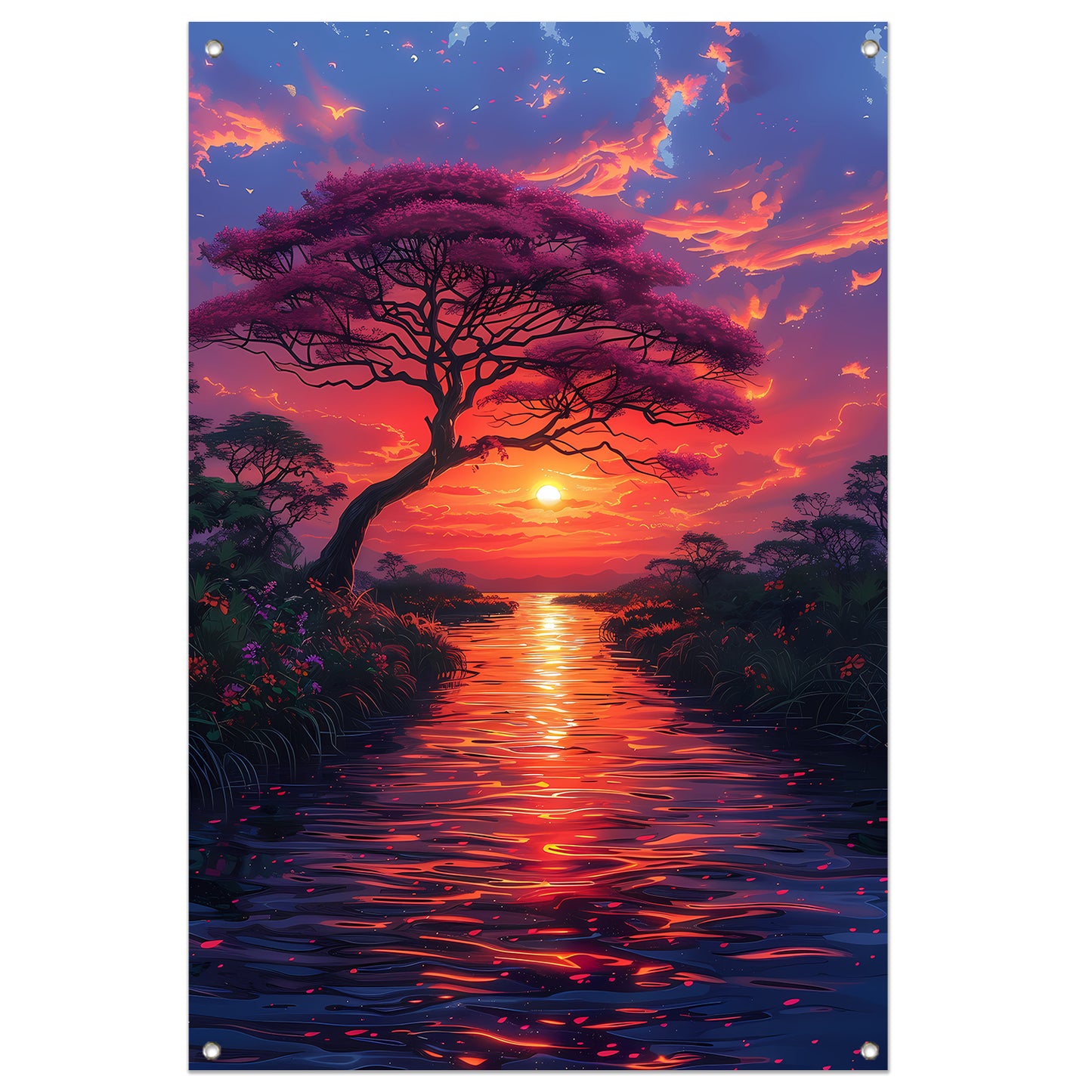 Avondzon kleurt bloesemboom tuinposter
