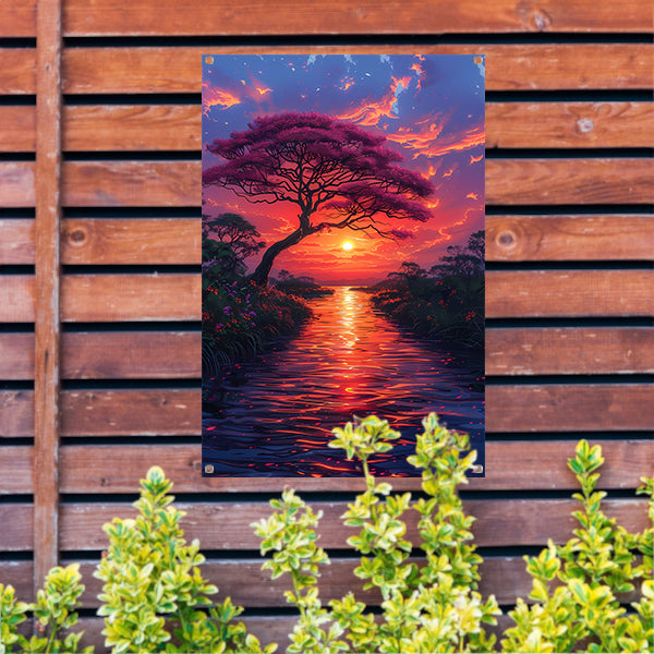 Avondzon kleurt bloesemboom tuinposter