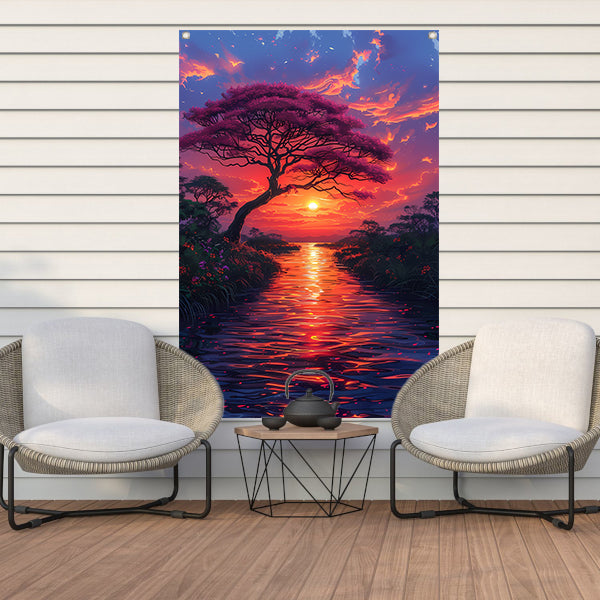 Avondzon kleurt bloesemboom tuinposter