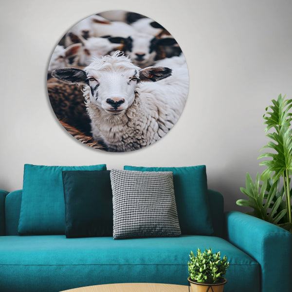 Monochroom portret van een schaap in een kudde forex muurcirkel