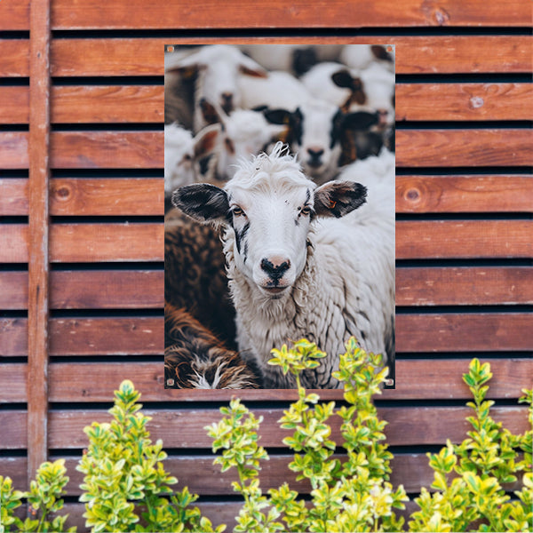 Monochroom portret van een schaap in een kudde tuinposter