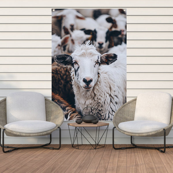 Monochroom portret van een schaap in een kudde tuinposter