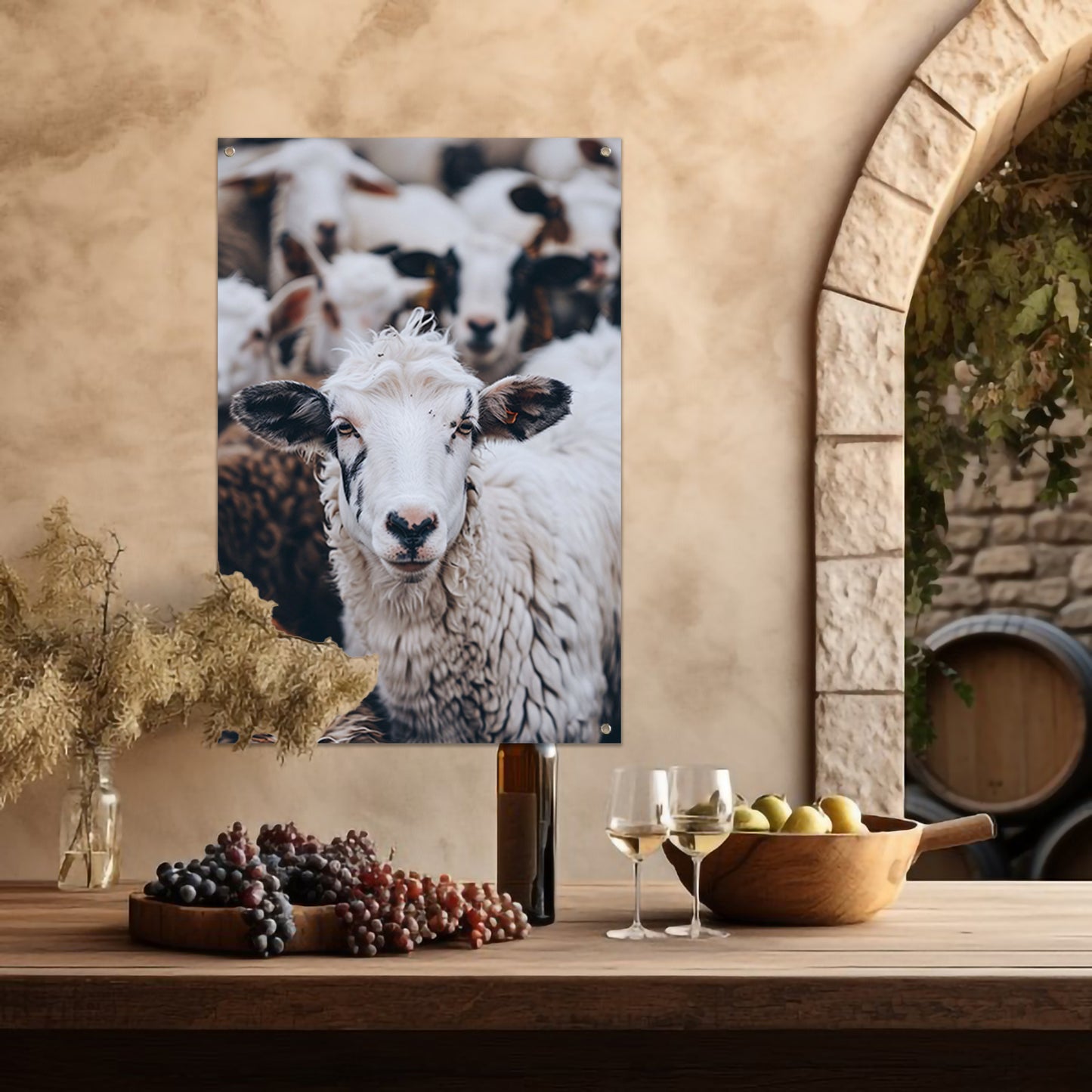 Monochroom portret van een schaap in een kudde tuinposter