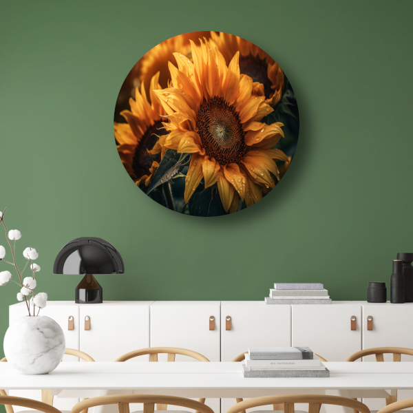 Zonnebloem close-up met waterdruppels aluminium muurcirkel